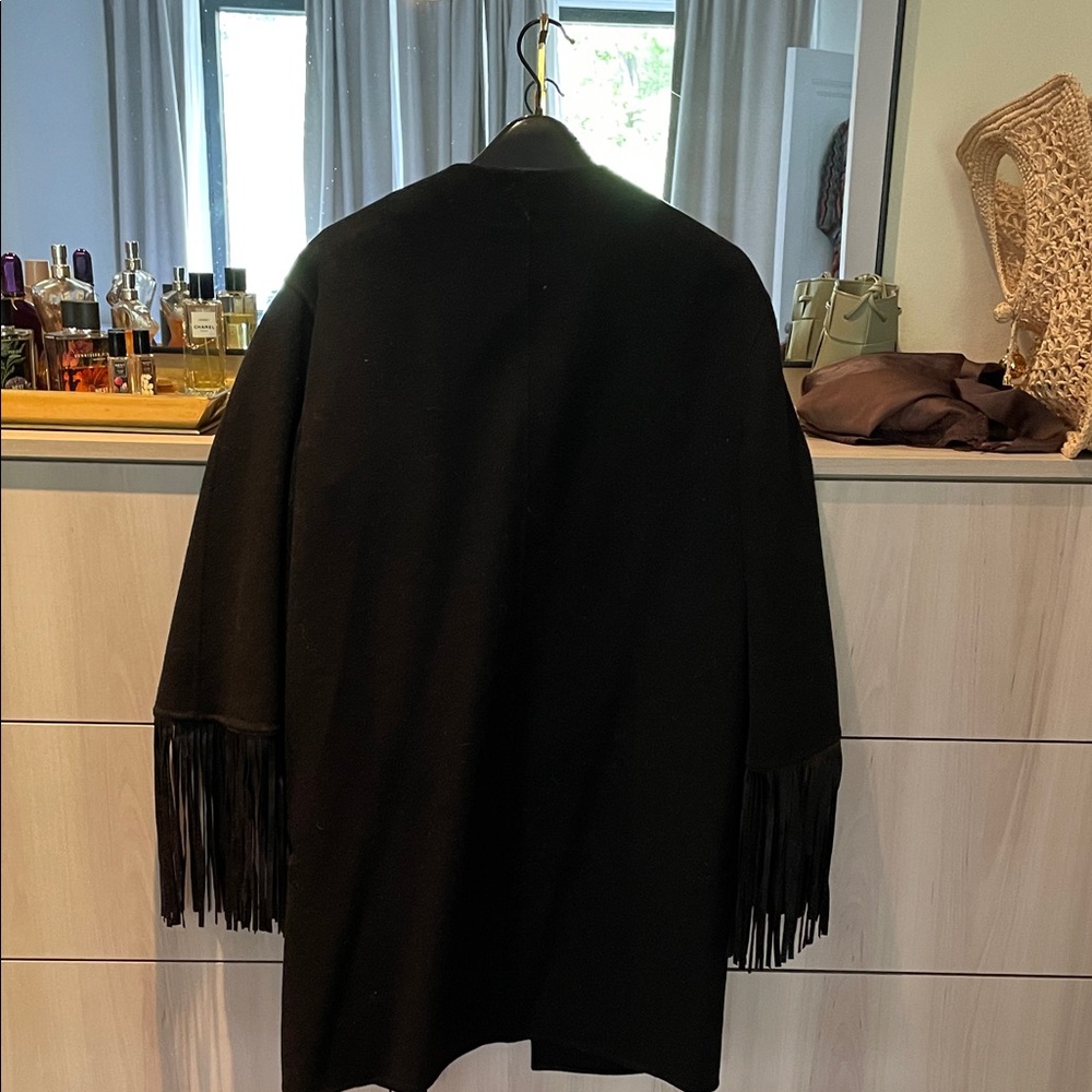 BCBGMaxAzria cape coat w/ fringe